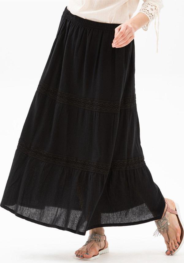 Uzun Şile Bezi Dantelli Yazlık Etek Siyah Syh - Image 1