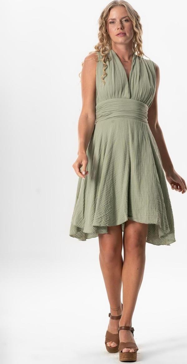 Kolsuz Sırt Detaylı V Yaka Laodikya Mini Yazlık Müslin Elbise Zeytin Yeşili Zytnysl - Image 1