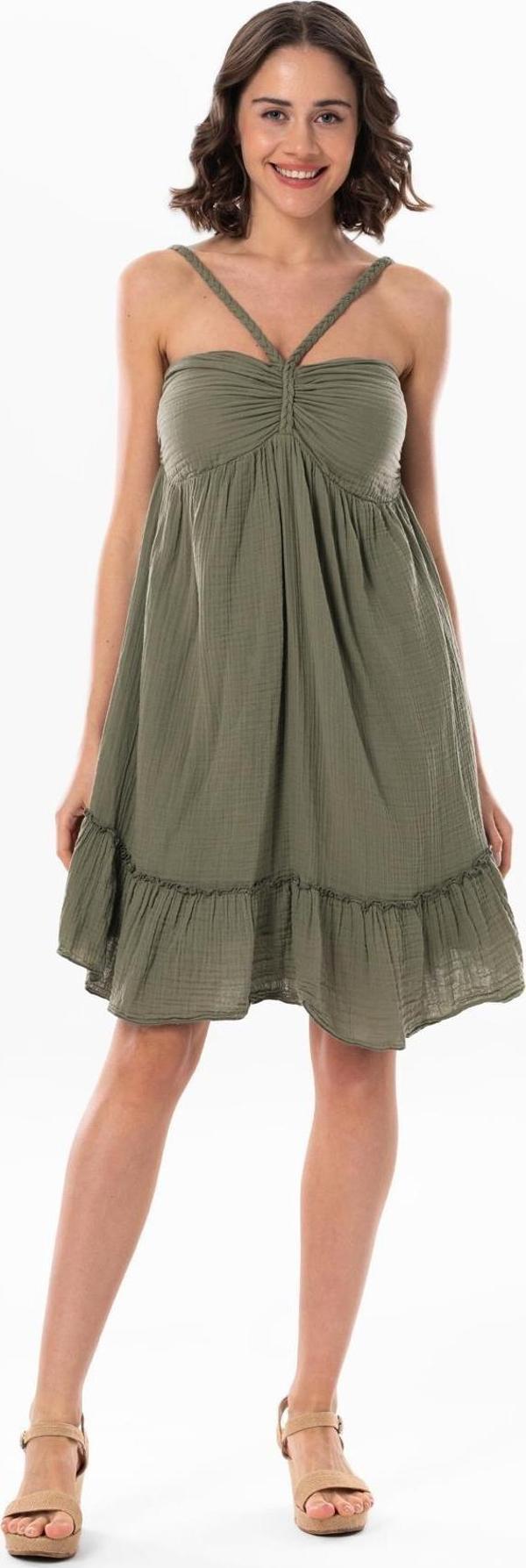 Alanya Boyundan Bağlamalı Kısa Yazlık Müslin Elbise Haki Hk - Image 1