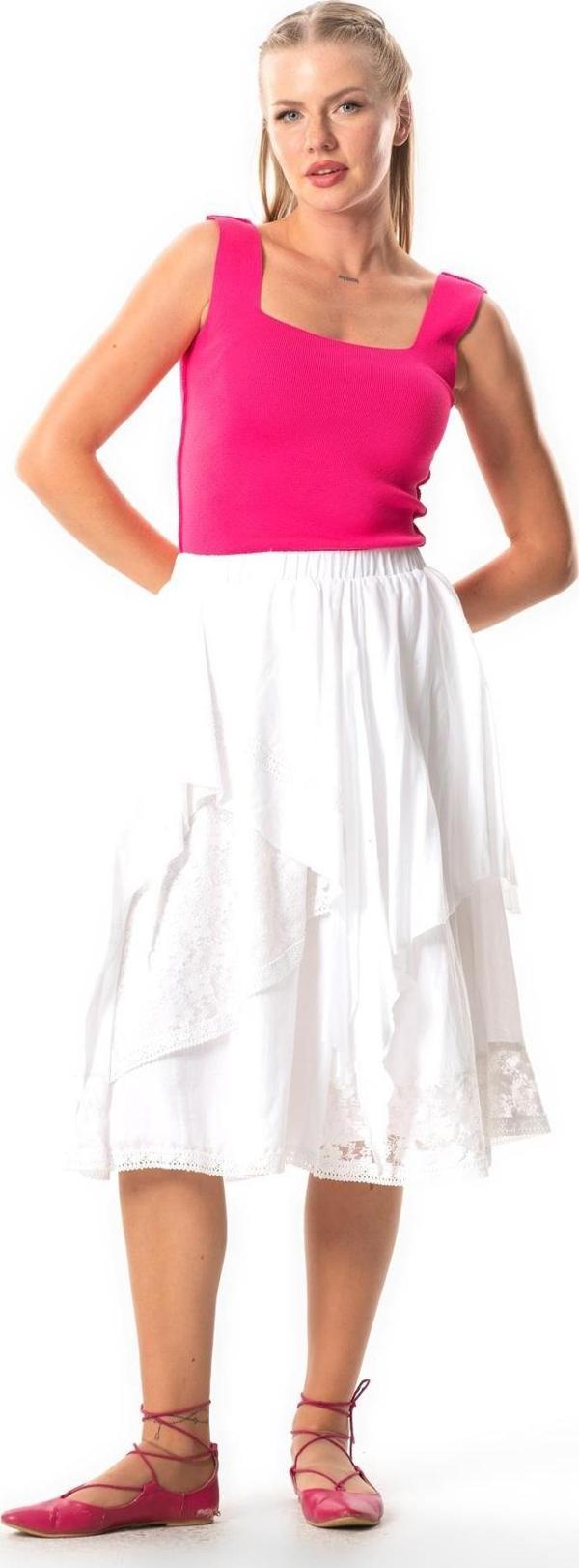 Salkım Vual Dantelli Saçaklı Uzun Yazlık Otantik Etek Beyaz Byz - Image 1