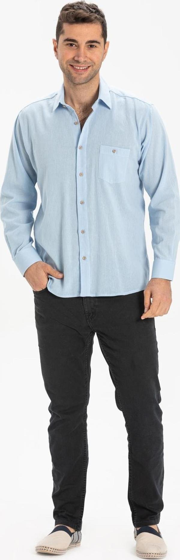 Büyük Beden Şile Bezi Tek Cepli Uzun Kol Erkek Yazlık Gömlek Buz Mavi 3027 - Image 1