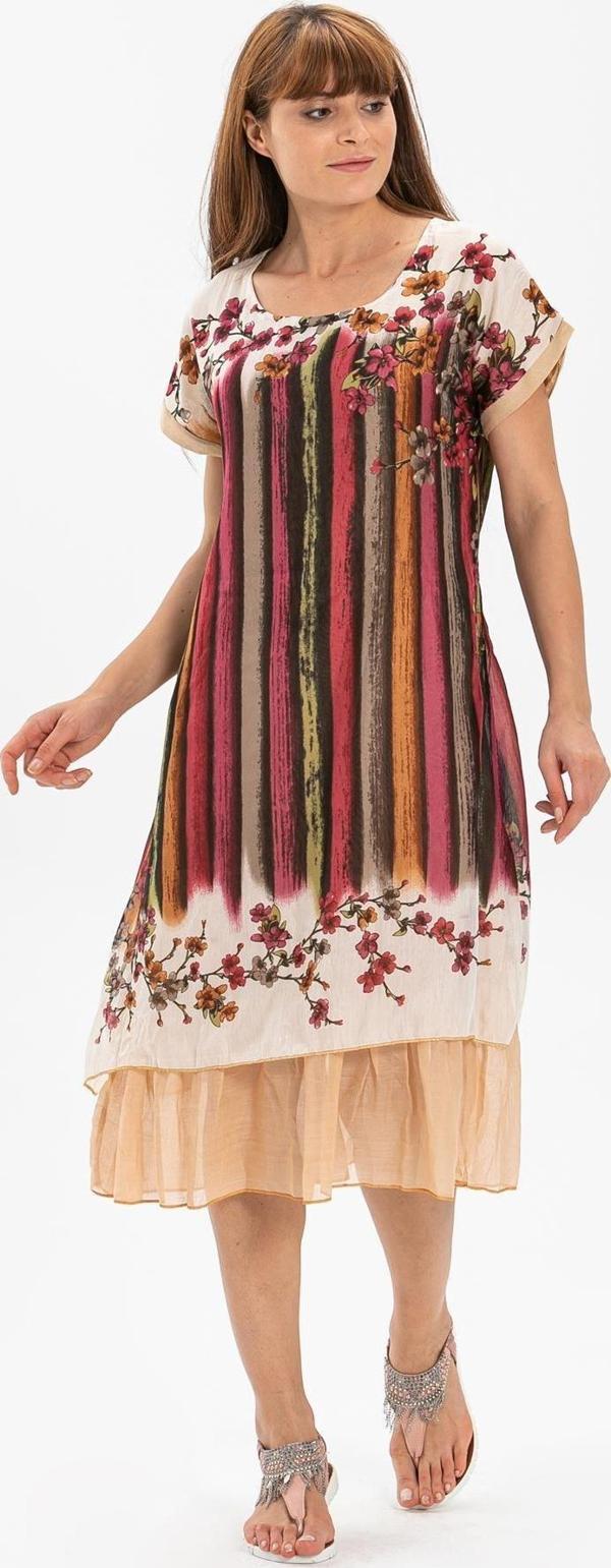 Kısa Kol Vual Defne Midi Boy Yazlık Otantik Elbise Krem 6090 - Image 1