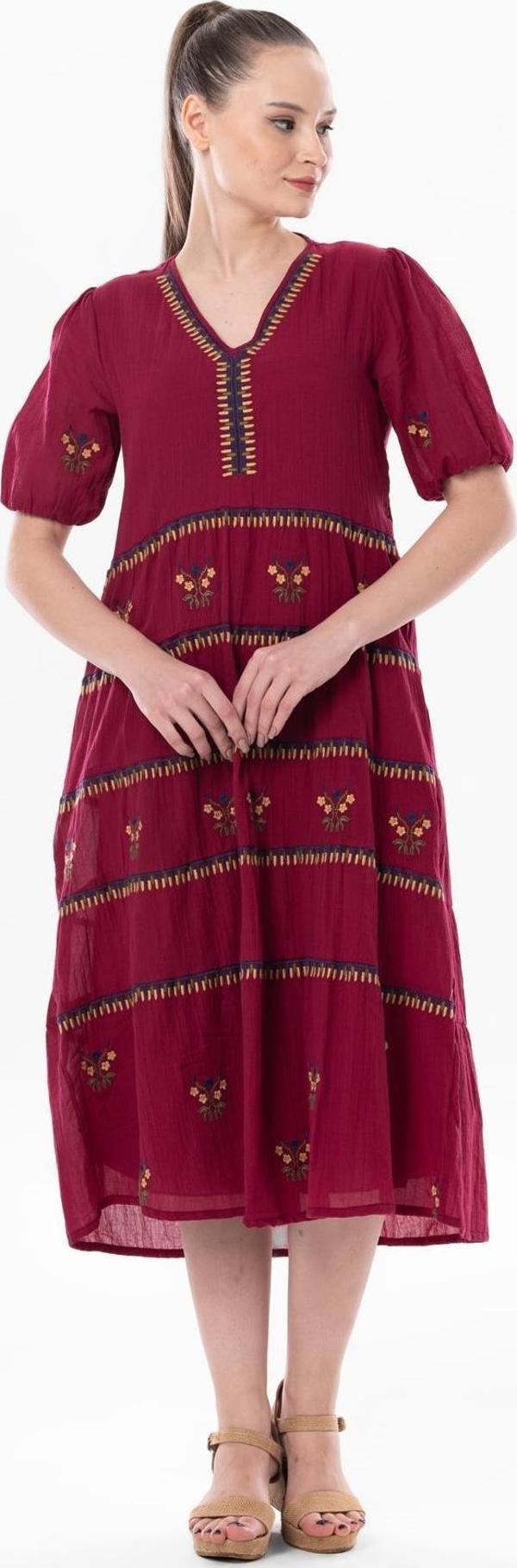 Kısa Kol Vual Nakışlı V Yaka Reyhan Uzun Yazlık Otantik Elbise Bordo Brd - Image 1