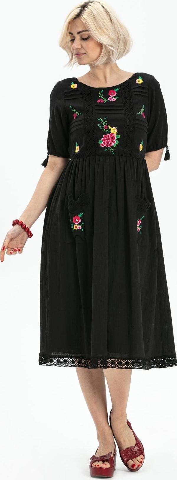 Kısa Kol Şile Bezi Asiye Midi Boy Yazlık Elbise Siyah Syh - Image 1