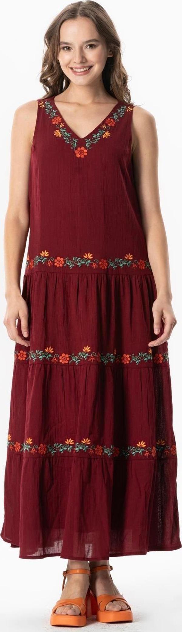 Kolsuz Şile Bezi Bahar V Yaka Nakışlı Uzun Yazlık Elbise Bordo Brd - Image 1