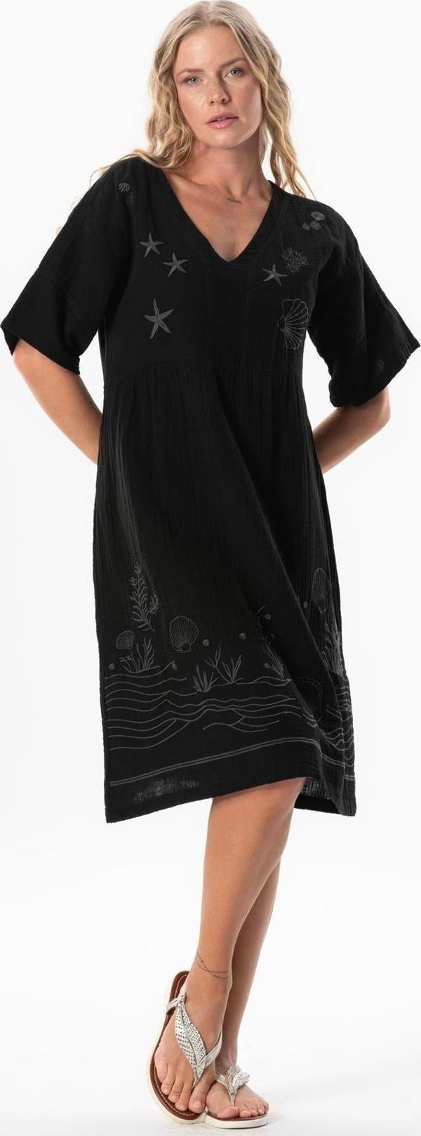 Kısa Kol V Yaka Alize Nakışlı Midi Boy Müslin Yazlık Elbise Siyah Syh - Image 1