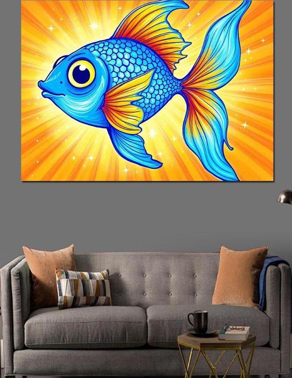Renkli Mavi Balık Dekoratif Kanvas - Mdf Ahşap Tablo - Image 1
