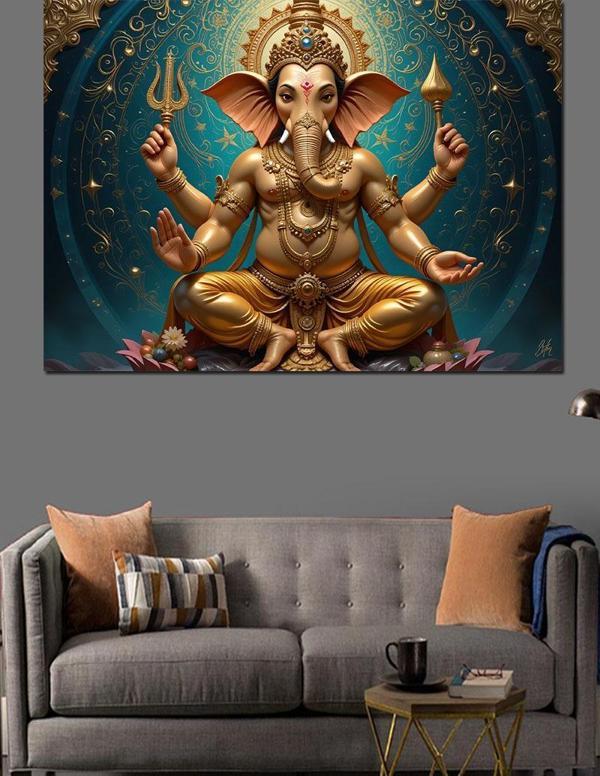 Altın Ganesha Heykeli Dekoratif Kanvas - Mdf Ahşap Tablo - Image 1
