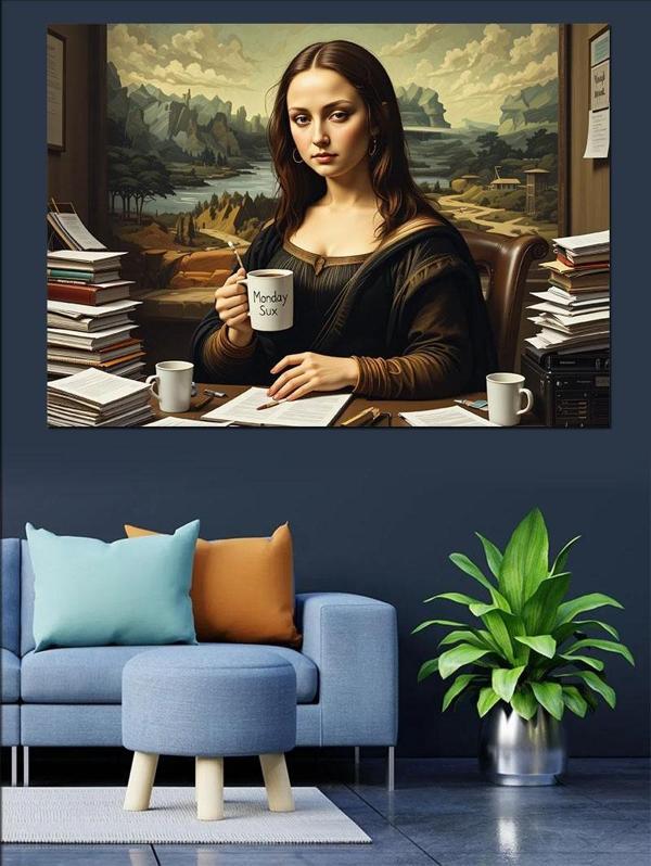 Kahve İçen Mona Lisa Dekoratif Kanvas - Mdf Ahşap Tablo - Image 1