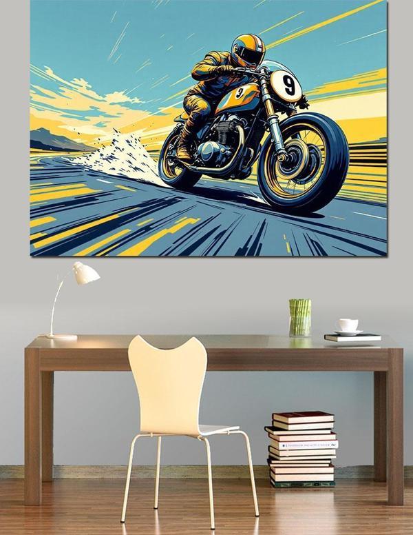 Hızlı Motosiklet Yarışı Dekoratif Kanvas - Mdf Ahşap Tablo - Image 1