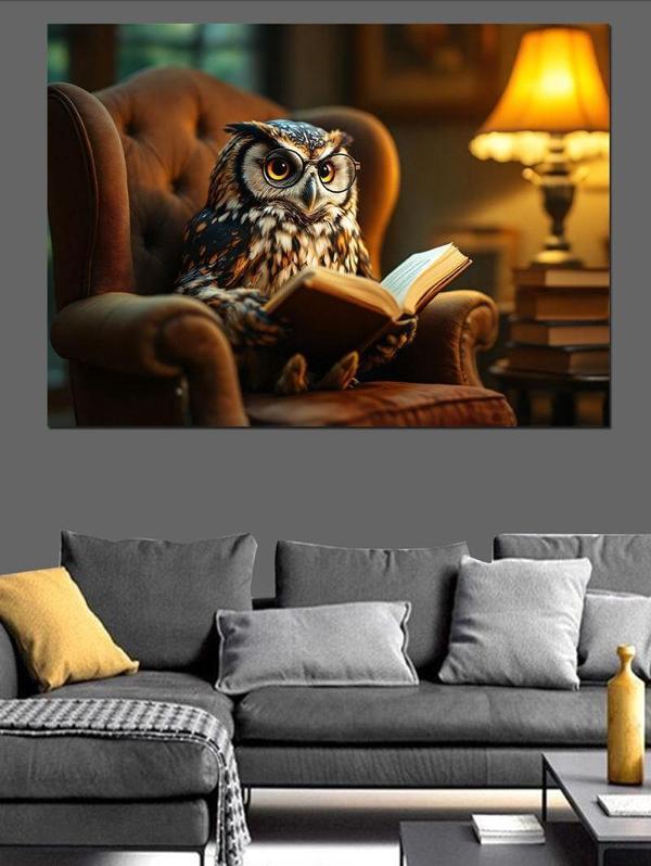 Kitap Okuyan Baykuş Dekoratif Kanvas - Mdf Ahşap Tablo - Image 1