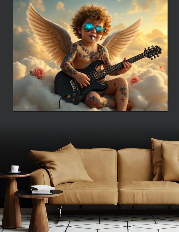 Melek Kanatlı Gitarist Çocuk Dekoratif Kanvas - Mdf Ahşap Tablo - Image 1