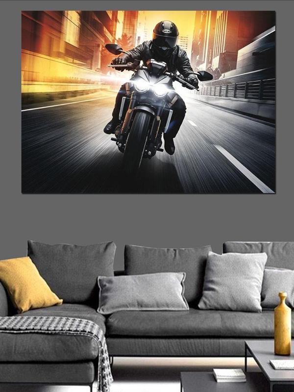 Gece Yarısı Hızlı Motosiklet Dekoratif Kanvas - Mdf Ahşap Tablo - Image 1