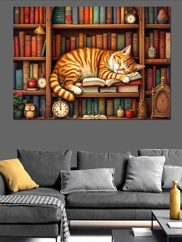 Kütüphane Ve Uyuyan Kedi Dekoratif Kanvas - Mdf Ahşap Tablo - Image 1