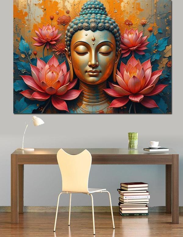 Lotus İçinde Buda Heykeli Dekoratif Kanvas - Mdf Ahşap Tablo - Image 1