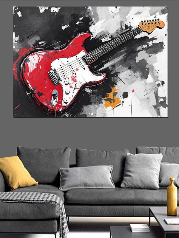 Kırmızı Elektro Gitar Dekoratif Kanvas - Mdf Ahşap Tablo - Image 1