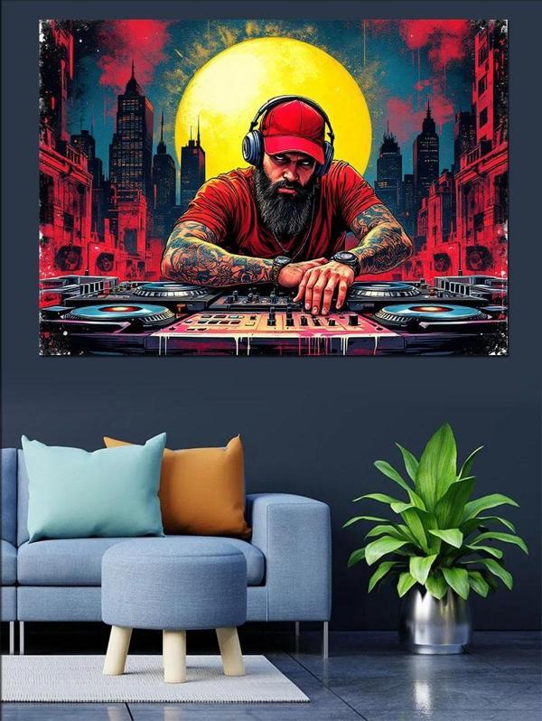 Kırmızı Güneş Ve Dj Dekoratif Kanvas - Mdf Ahşap Tablo - Image 1