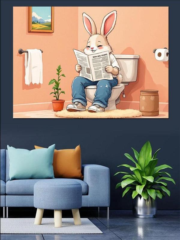 Tuvalette Tavşan Karikatürü Dekoratif Kanvas - Mdf Ahşap Tablo - Image 1