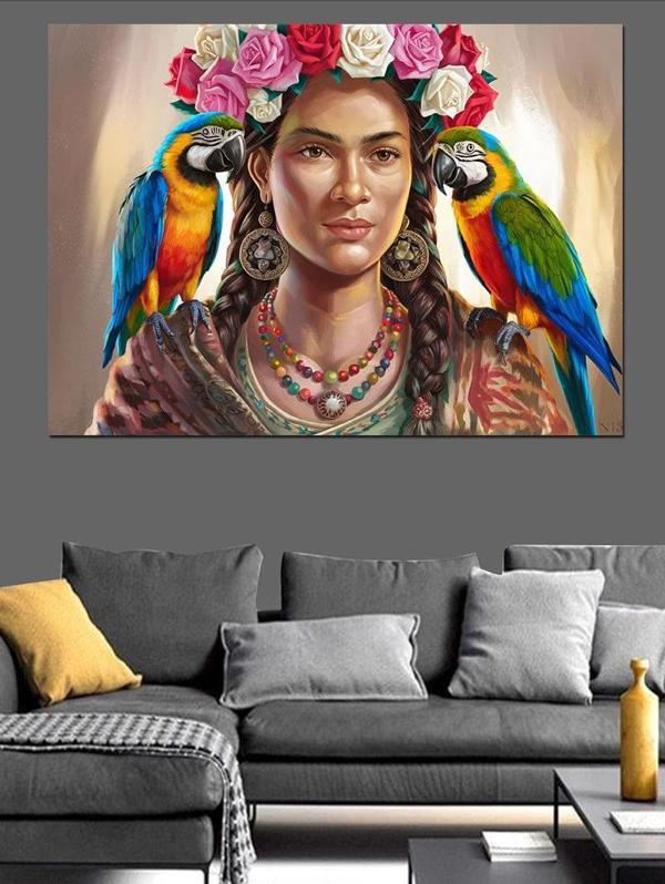 Papağanlı Frida Kahlo Dekoratif Kanvas - Mdf Ahşap Tablo - Image 1