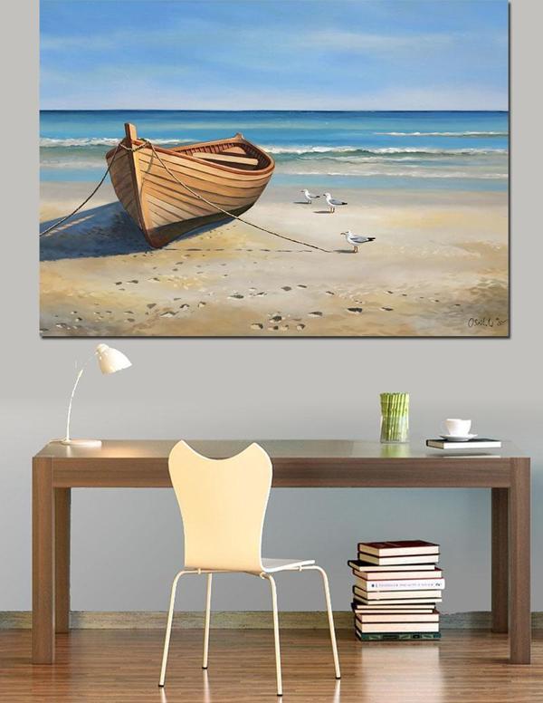 Sahilde Ahşap Kayık Dekoratif Kanvas - Mdf Ahşap Tablo - Image 1