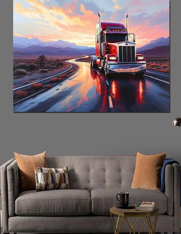 Yağmur Altında Kırmızı Tır Dekoratif Kanvas - Mdf Ahşap Tablo - Image 1