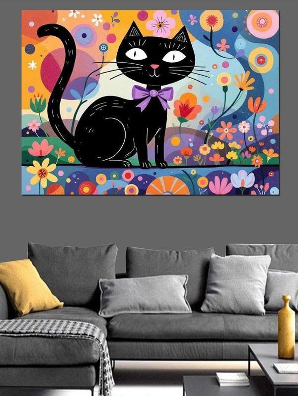 Renkli Soyut Kedi Sanatı Dekoratif Kanvas - Mdf Ahşap Tablo - Image 1