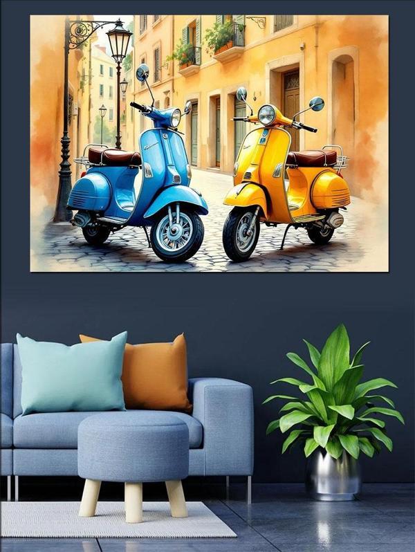 Renkli Vespa Motosikletler Dekoratif Kanvas - Mdf Ahşap Tablo - Image 1
