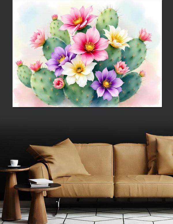 Kaktüs Üzerinde Çiçekler Dekoratif Kanvas - Mdf Ahşap Tablo - Image 1