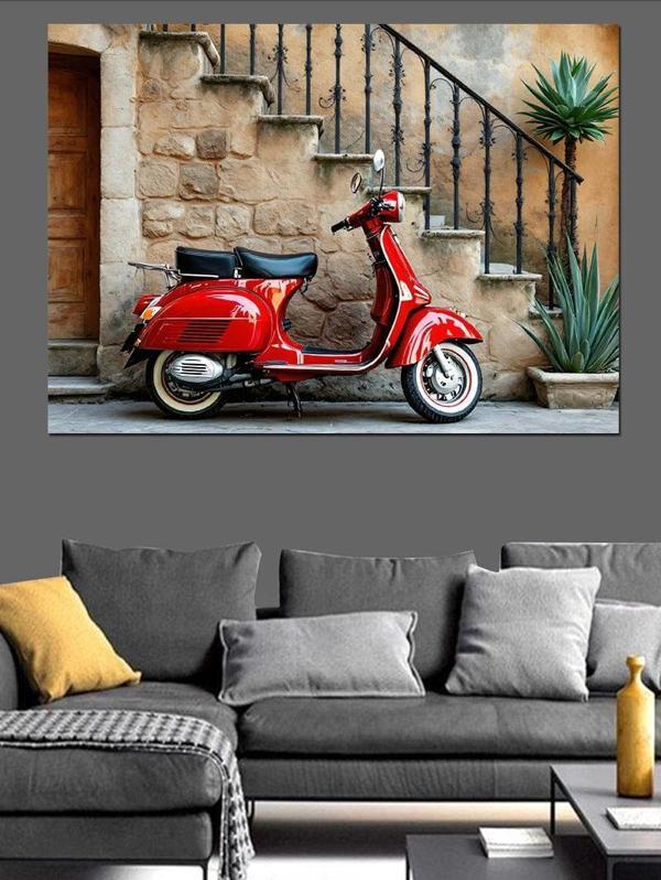 Tarihi Merdivende Kırmızı Vespa Dekoratif Kanvas - Mdf Ahşap Tablo - Image 1