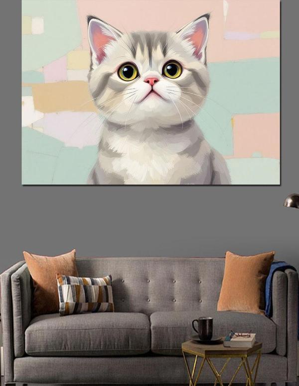 Sevimli Gri Kedi Dekoratif Kanvas - Mdf Ahşap Tablo - Image 1
