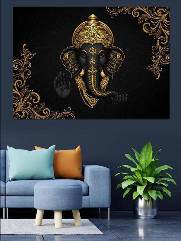 Altın Süslü Ganesha Figürü Dekoratif Kanvas - Mdf Ahşap Tablo - Image 1