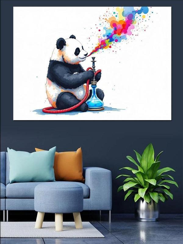 Neon Baloncuk Üfleyen Panda Dekoratif Kanvas - Mdf Ahşap Tablo - Image 1