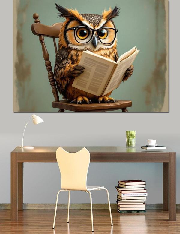 Kitap Okuyan Baykuş Dekoratif Kanvas - Mdf Ahşap Tablo - Image 1