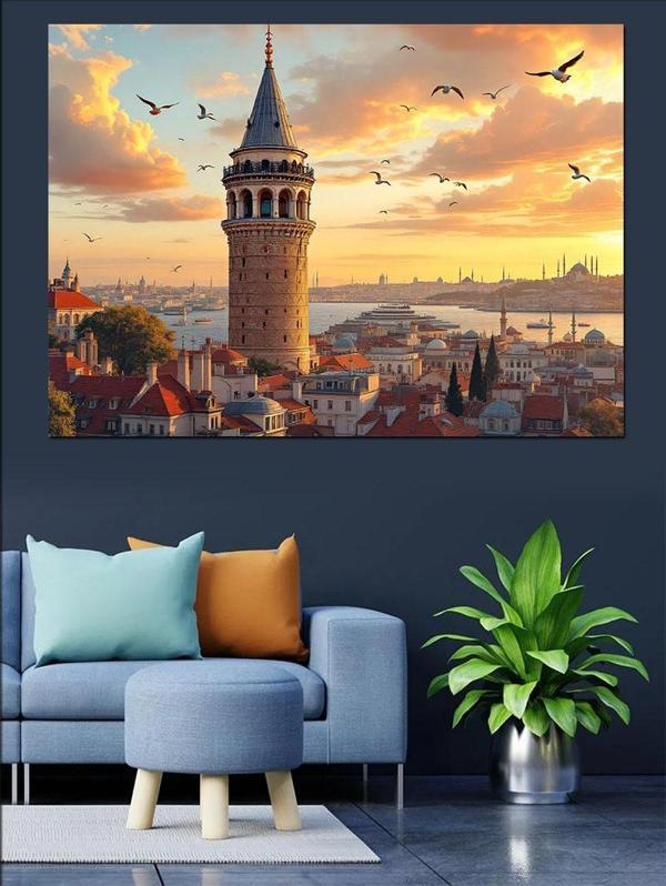 Galata Kulesi Ve Gün Batımı Dekoratif Kanvas - Mdf Ahşap Tablo - Image 1