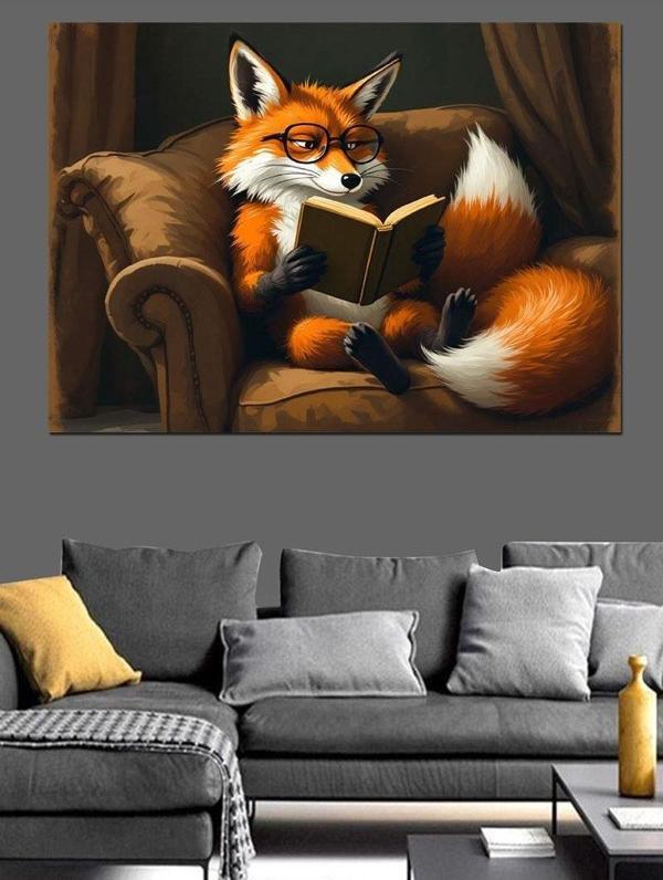 Kitap Okuyan Tilki Dekoratif Kanvas - Mdf Ahşap Tablo - Image 1