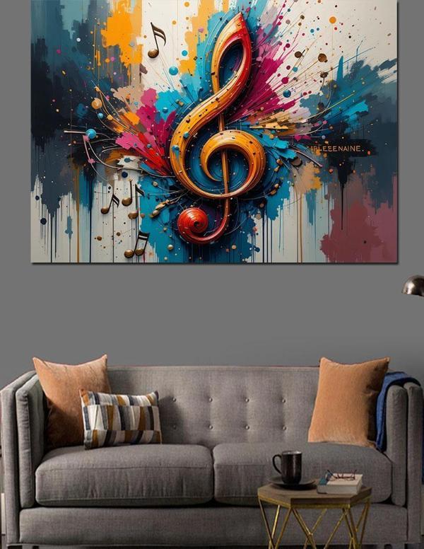 Renk Patlamalı Müzik Notaları Dekoratif Kanvas - Mdf Ahşap Tablo - Image 1