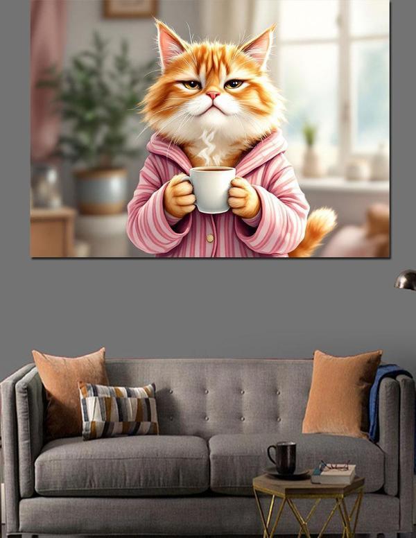 Çay Tutan Kedi Dekoratif Kanvas - Mdf Ahşap Tablo - Image 1