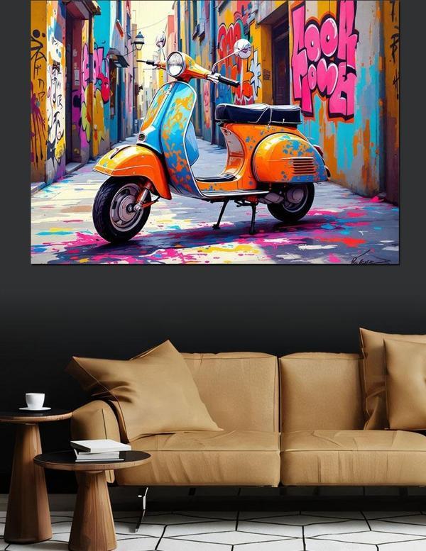 Grafiti Sokak Vespa Dekoratif Kanvas - Mdf Ahşap Tablo - Image 1