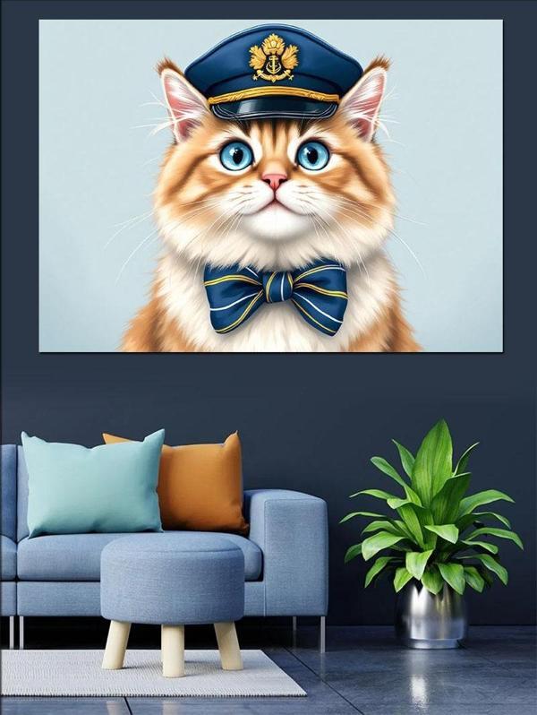 Denizci Şapkalı Kedi Dekoratif Kanvas - Mdf Ahşap Tablo - Image 1