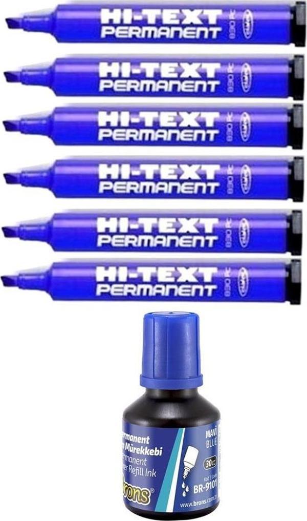 Mavi Kesik Uçlu Markör Permanent Kalem 6 Adet Hı-Text Marker Mürekkep Siyah 30 Ml 1 Adet Brons Koli Kalemi - Image 1