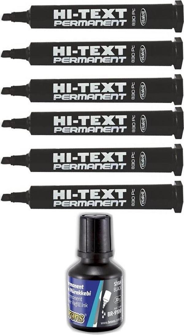 Siyah Kesik Uçlu Markör Permanent Kalem 6 Adet Hı-Text Marker Mürekkep Siyah 30 Ml 1 Adet Brons Koli Kalemi - Image 1
