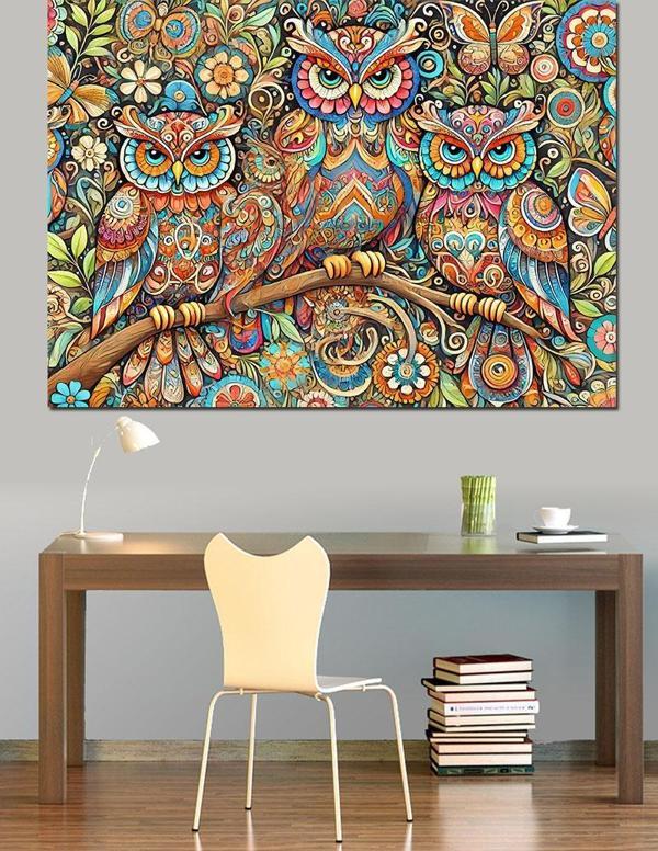 Mandala Çiçekler Ve Baykuş Ailesi Dekoratif Kanvas - Mdf Ahşap Tablo - Image 1