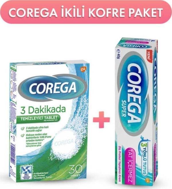 Corega 3 Dakikada Protez Temizleyici Tablet 30\'lu + Corega Tat İçermez Diş Protezi Yapıştırıcı 40 G - Image 1