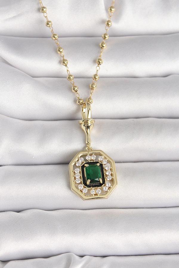 Gold Renk Topçuk Zincir Yeşil Taşlı Seranay Model Kadın Kolye - EBJ250327W32376 - Image 1