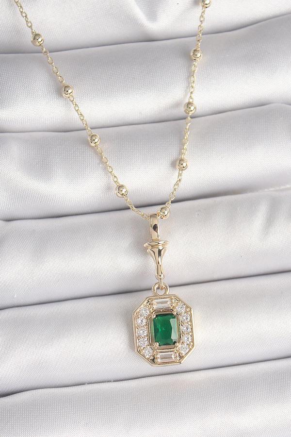 Pirinç Gold Renk Zirkon Taşlı Topçuk Zincir Serenay Model Kadın Kolye - EBJ250412W32525 - Image 1