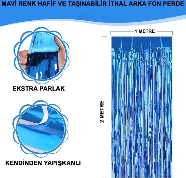 Mavi Renk Ekstra Metalize Parlak Saçaklı Arka Fon Perde İthal A Kalite 1x2 Metre - Image 1