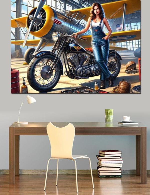 Motorsikletli Pin-Up Kadın Dekoratif Kanvas - Mdf Ahşap Tablo - Image 1