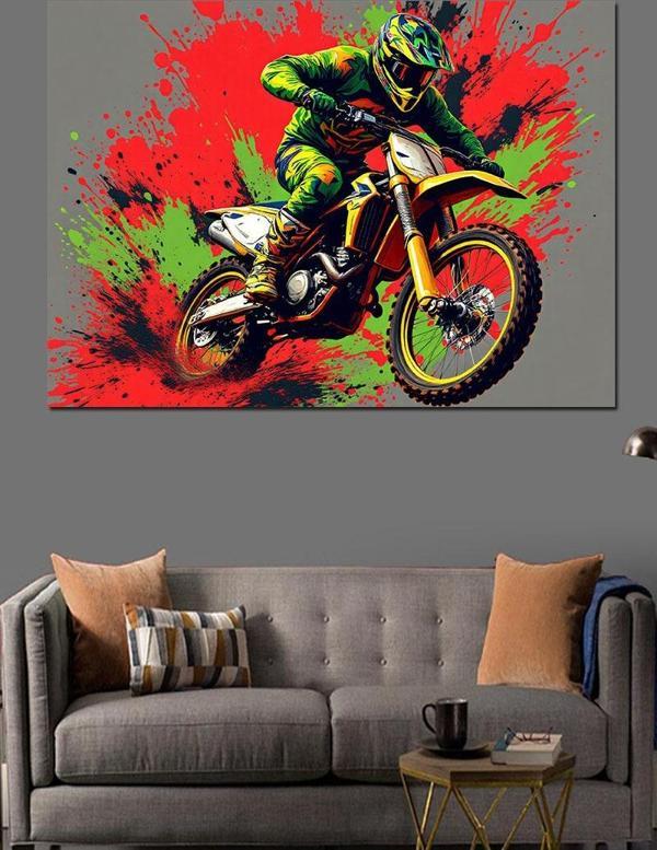 Neon Spreyli Motokros Dekoratif Kanvas - Mdf Ahşap Tablo - Image 1