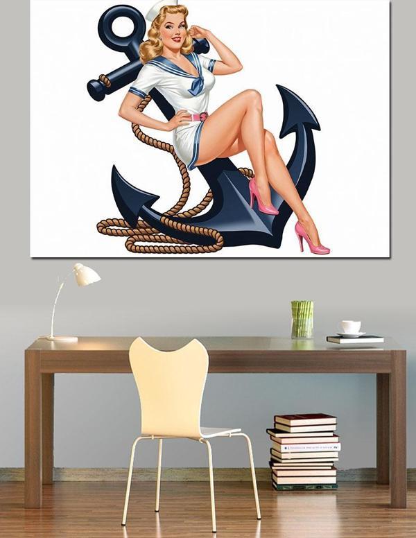 Pin-Up Kız Çapa Tasarımı Dekoratif Kanvas - Mdf Ahşap Tablo - Image 1