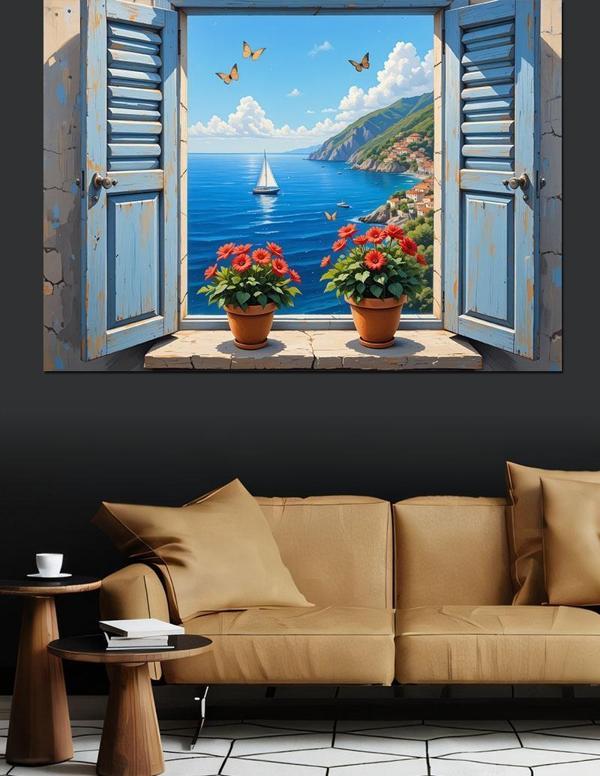 Deniz Manzaralı Açık Pencere Dekoratif Kanvas - Mdf Ahşap Tablo - Image 1